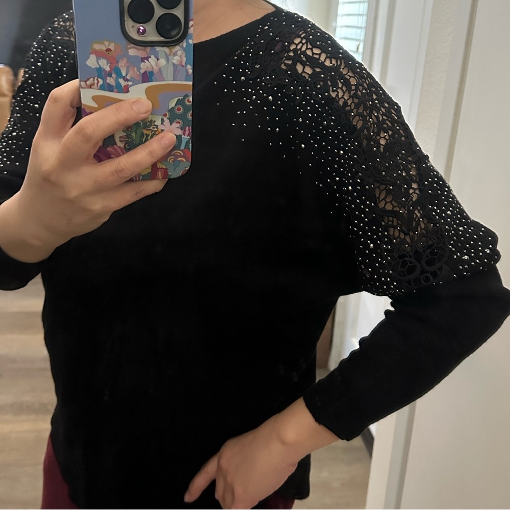 Gorgeous Black Rhinestone Embellished Cutout Lace Dolman Sleeve Sweater Size L